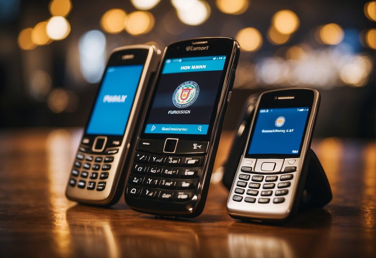 Several phones displayed on a table, with a sign asking "How many can I bring from Paraguay?"