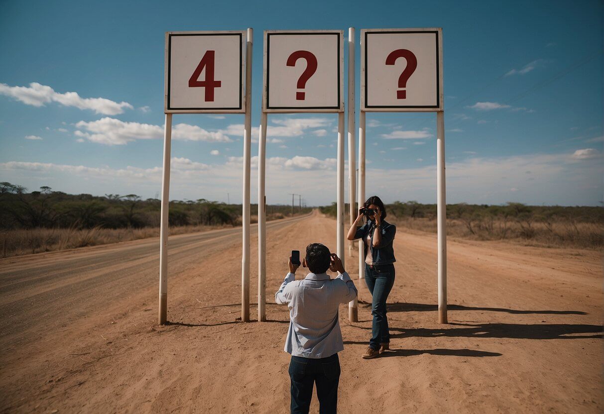 A person holding multiple cellphones, with a question mark above their head, standing in front of a Paraguay border sign