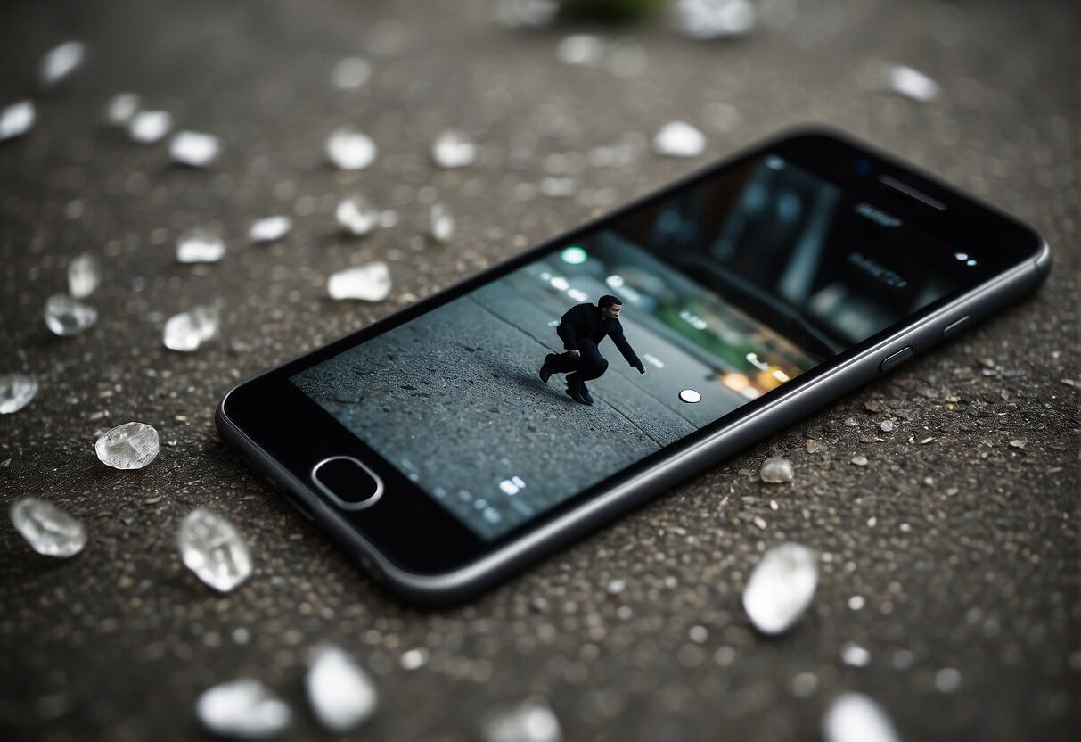 A smartphone lying on the ground with a shattered screen, a thief running away in the background, and a distressed person looking on